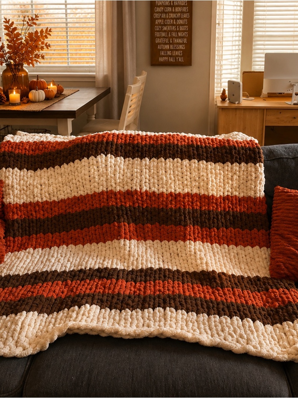Handmade Chunky Knit Pumpkin Throw Blanket with Plush Pumpkin Pillow - Picture 2 of 6